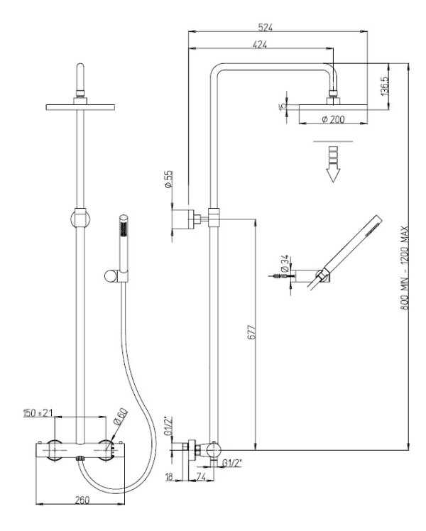 Shower set with thermostat, black matt, Paini