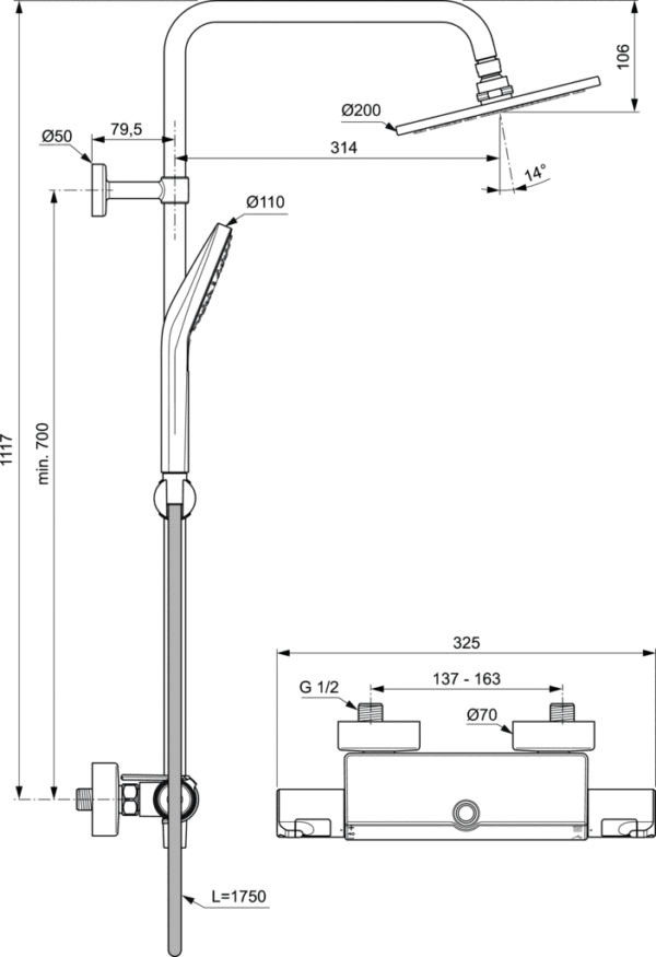 Dušas komplekts ar termostatu CERATHERM T50, hroms, Ideal Standard