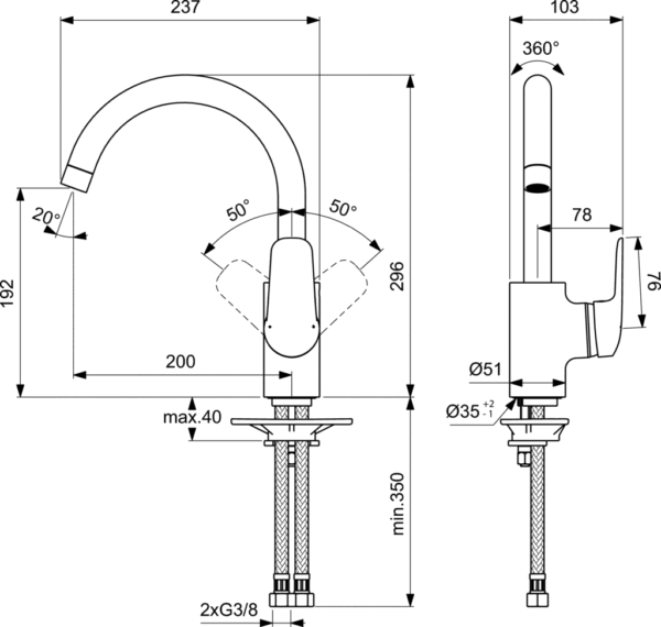 Virtuves jaucējkrāns CERAFLEX One-Hole BLUESTART®, hroms, Ideal Standard