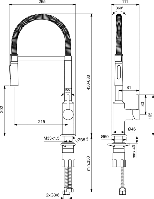 Virtuves jaucējkrāns ar dušu CERALOOK One-Hole SEMI PRO, hroms, Ideal Standard